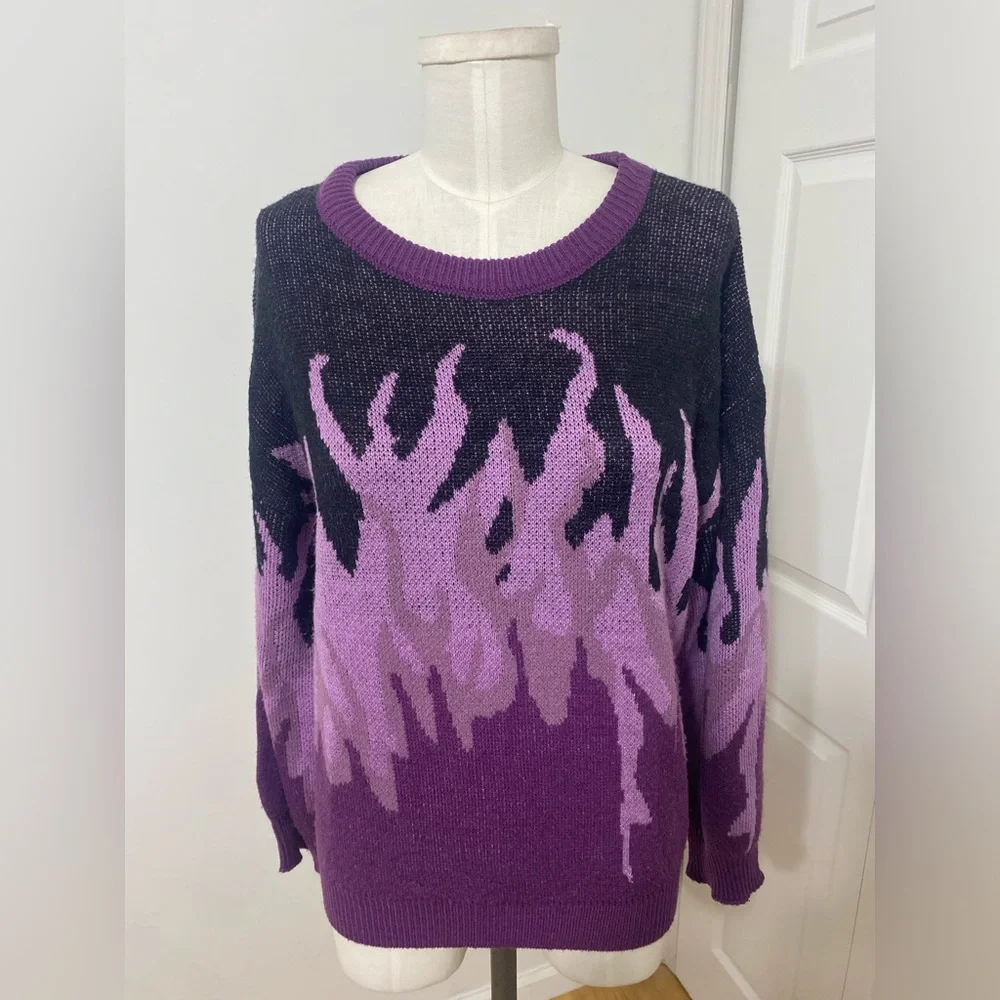 Fire Pattern Drop Shoulder Purple Ombré Flame Oversized Sweater Size Small 4 - Picture 1 of 12